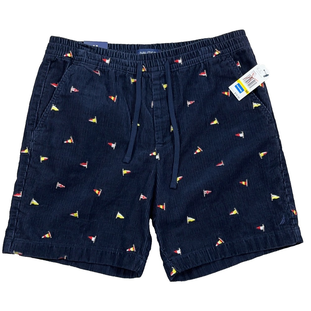 Nautica Corduroy Shorts Men Medium Navy Blue Sail Boat AOP Preppy Beach Boat NEW